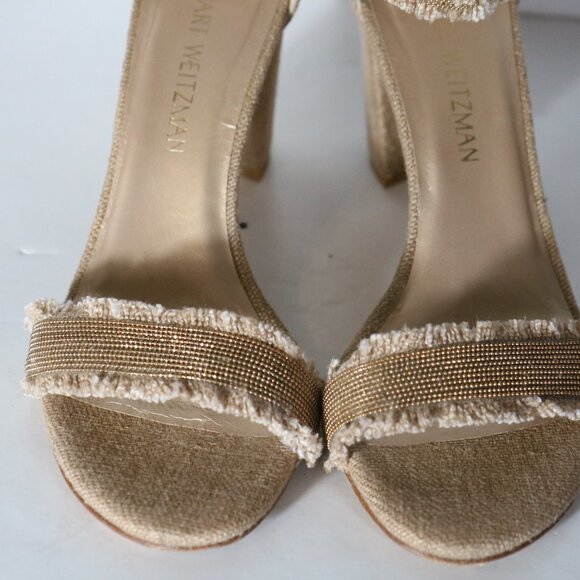 Stuart Weitzman Chaingang Frayed Linen Beaded Gold Heels Womens 7.5 Tan Strappy - Picture 5 of 9